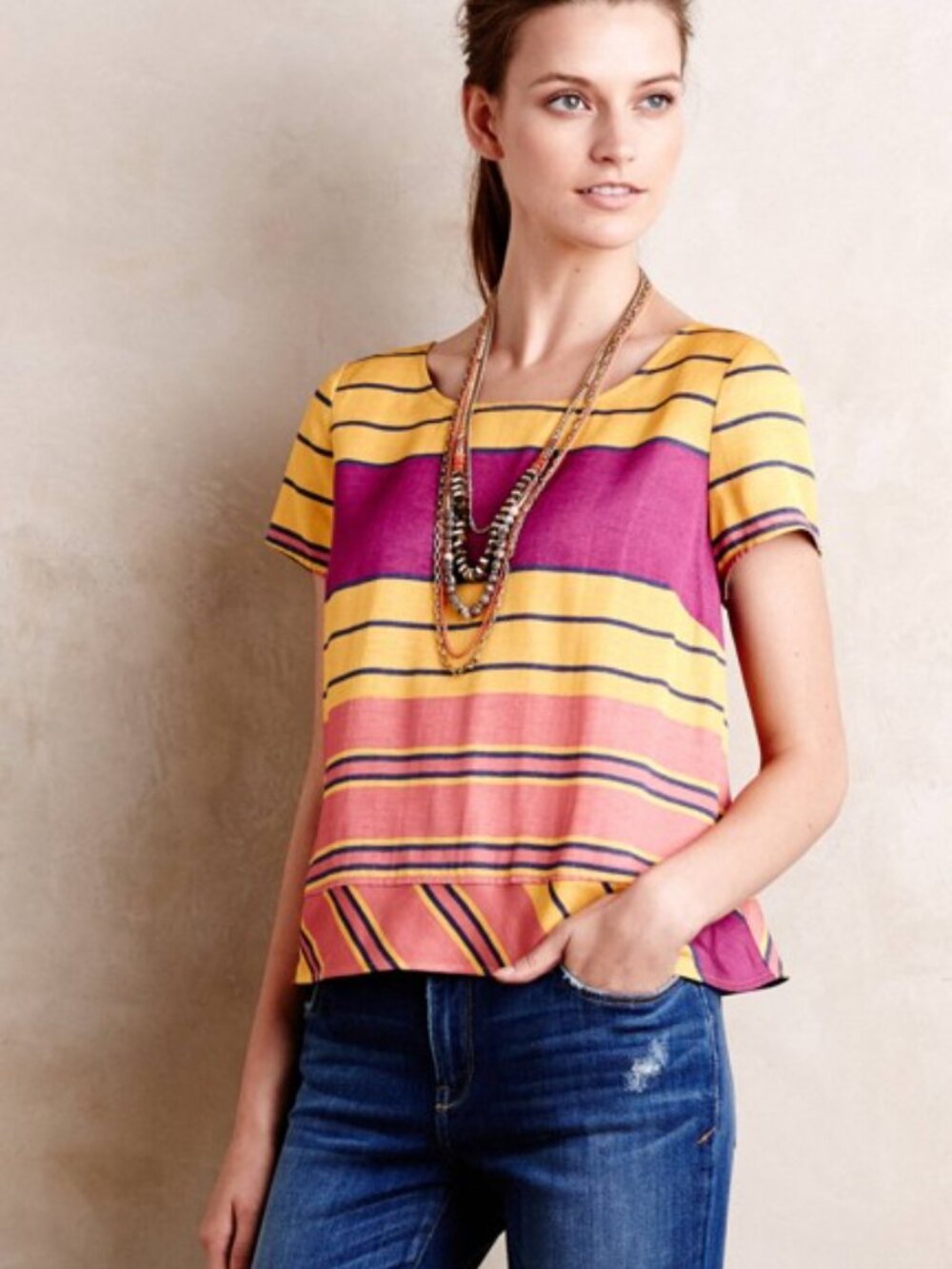 ANTHROPOLOGIE MAEVE Bennett Top Striped Faux Wrap Pink Purple Orange Size 6 NWT